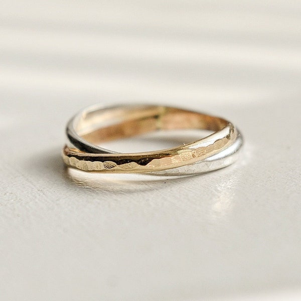 14k Gold and 925 Silver Russian Twist Ring, Gift For Her, Interlocking Band Fidget Ring, Hammered Minimalist Ring, Russian Wedding Rings
