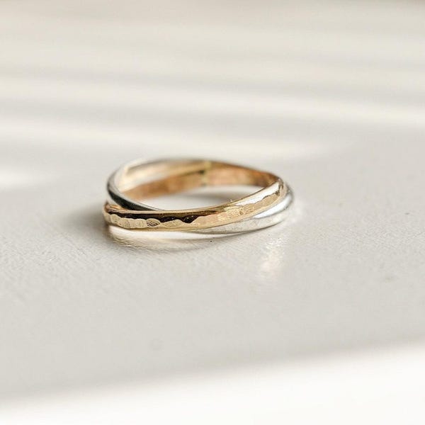 14k Gold and 925 Silver Russian Twist Ring, Gift For Her, Interlocking Band Fidget Ring, Hammered Minimalist Ring, Russian Wedding Rings