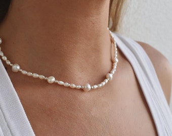 Mixed Freshwater Baroque Pearl Necklace, Gift For Her, Sterling Silver Natural Pearl Necklace, Bridal Pearl Necklace, Dainty Beaded Necklace