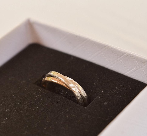 14k Gold and 925 Silver Twist Ring, Gift For Her, Interlocking Band Fidget Ring, Hammered Minimalist Ring, Silver and Gold Wedding Rings