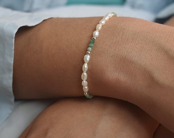 Sterling Silver Freshwater Pearl and Emerald Bracelet, Gift For Her, Genuine 4mm Pearl Bracelet, Green Emerald, Bracelet, Wedding Jewellery