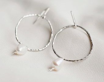 925 Sterling Silver Dangle Pearl Earrings, Genuine Pearl stud Earrings, Silver Drop Hoop Earrings, Silver Round Hoop Earrings, Gift For Her