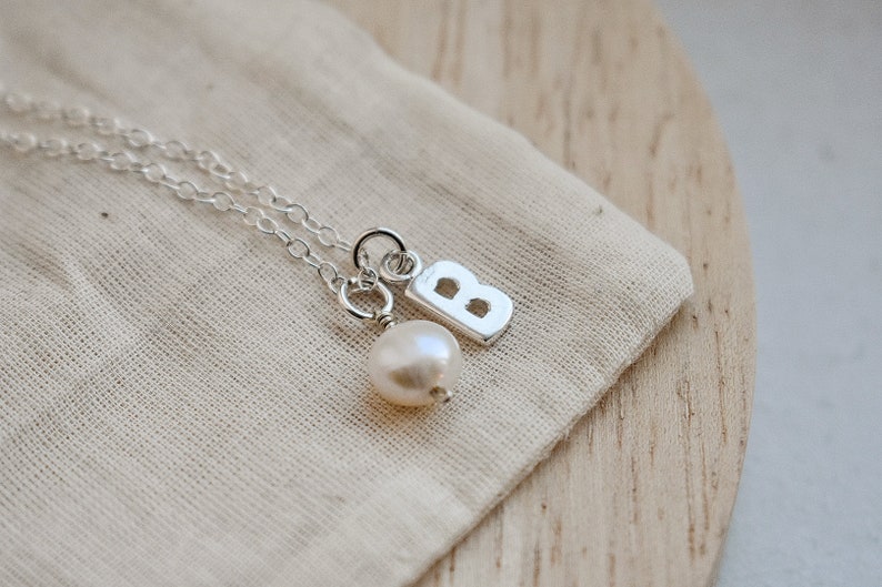 925 Sterling Silver Initial Letter Necklace, Gift For Her, Silver Personalised Initial Necklace, Silver Pearl Necklace, Dainty necklace image 3