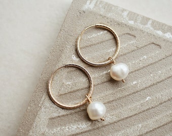 14k Gold Filled Pearl Hoop Earrings, Gift For Her, Handmade Gold Stacked Hoop Earrings, Minimalist Gold Hoops, Small Gold Hoops