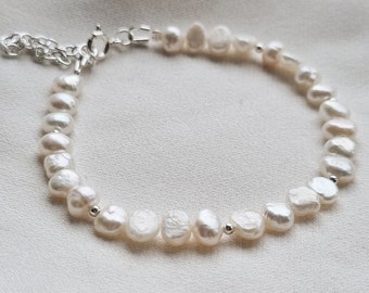 925 Sterling Silver Freshwater Baroque Pearl Bracelet, Genuine 6mm Pearl Bracelet, Handmade Irregular Pearl Bracelet, Gift For Her