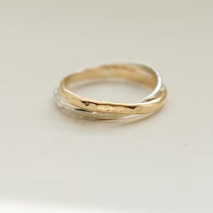 14k Gold and 925 Silver Russian Twist Ring, Gift For Her, Interlocking Band Fidget Ring, Hammered Minimalist Ring, Russian Wedding Rings image 7
