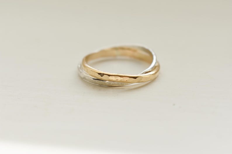 14k Gold and 925 Silver Russian Twist Ring, Gift For Her, Interlocking Band Fidget Ring, Hammered Minimalist Ring, Russian Wedding Rings image 7