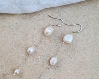 Natural Fresh Water Pearl Drop Earrings, Silver Dangly Pearl Earrings, Minimal Silver Pearl Earrings, Silver Bridal Pearl Earrings