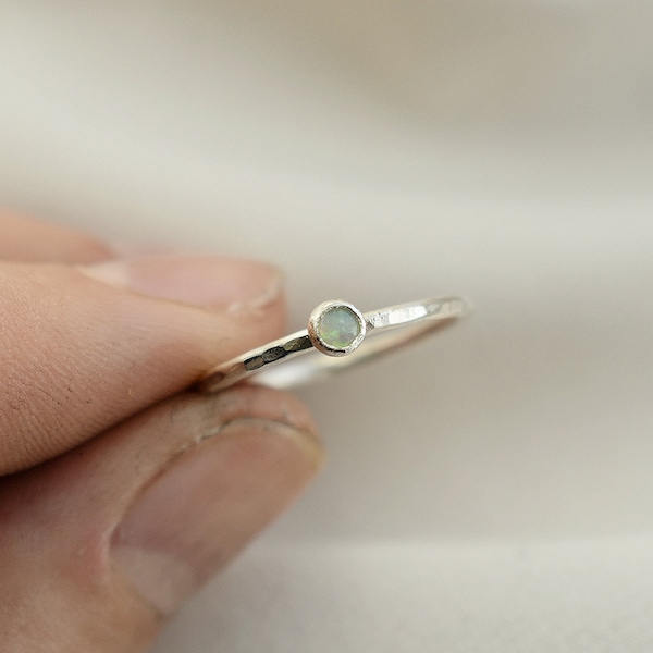 3mm White Australian Opal Sterling Silver Ring, Gift For Her, White Opal Stacking Ring, Silver Opal Dainty Ring, Minimal Opal Handmade Ring