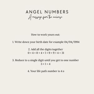 Może przedstawiać: Kremowa grafika z tekstem "ANGEL NUMBERS" i "A message from the universe." Dołączono instrukcje, jak obliczyć sw&oacute;j numer ścieżki życia, używając przykładowej daty urodzenia 04/04/1994. Ostateczna odpowiedź to 4.