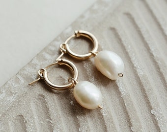 14k Gold Pearl Hoop Earrings, Gift For Her, Handmade Gold Filled Hoop Earrings, Genuine Pearl Gold Hoop Earrings, Tarnish Free Gold Hoops