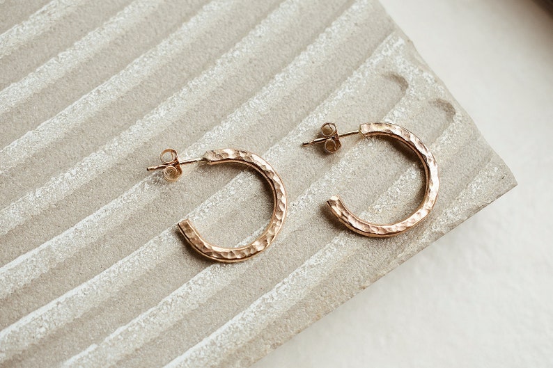 14k Gold Filled Handmade Hammered Hoop Earrings, Gift For Her, 19mm Gold Stacker Hoops, Minimal Gold Filled Hoops, Chunky Hammered Hoops image 4