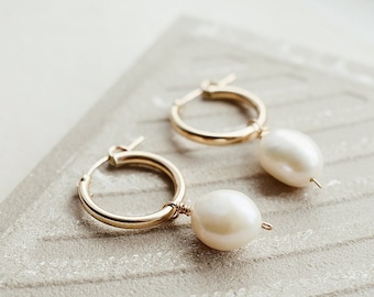 14k Gold Pearl Hoop Earrings, Gift For Her, Handmade Gold Filled Hoop Earrings, Genuine Pearl Gold Hoop Earrings, Tarnish Free Gold Hoops