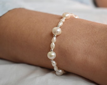 Bracelet de perles baroques d'eau douce en argent sterling 925, bracelet de perles véritables de 8 mm, bracelet de perles irrégulières fait main, cadeau pour elle