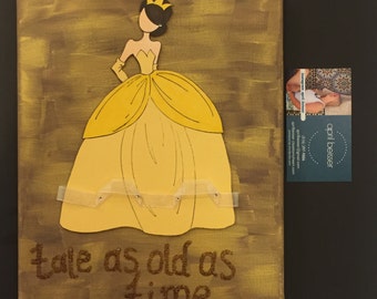 May include: A yellow princess illustration with a crown and the text "Tale as old as time" on a gold background.
