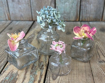 Set of 4 Vintage Inkwells - Clear Glass Inkwell Collection - Small Bottles - Flower Vase - Vintage Decor