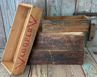 Collection of Rustic Wooden Cheese Boxes - Valleybrook - Cooper - Velveeta - Phenix - Repurposed Vintage Decor