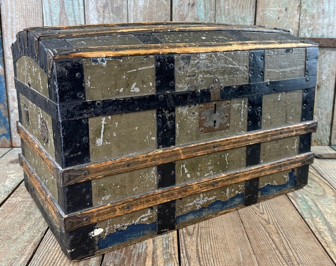 Small Antique Steamer Trunk Old Wooden Doll Trunk Vintage Dome Top