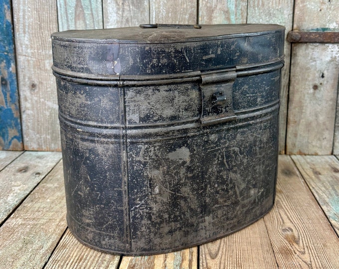 Vintage Metal Hat Box Shabby Old Hinged Hat Tin Antique Oval Hat Box Etsy