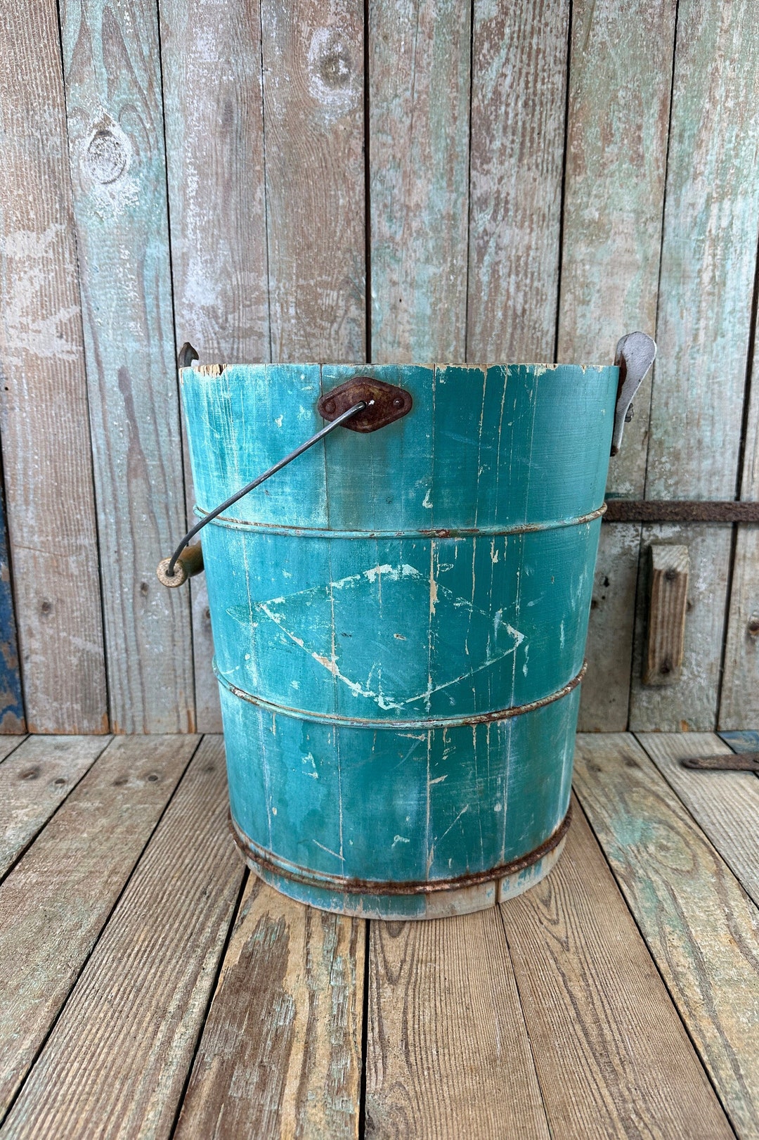 Rustic Wooden Ice Cream Bucket Shabby Old Bucket With Bail Handle