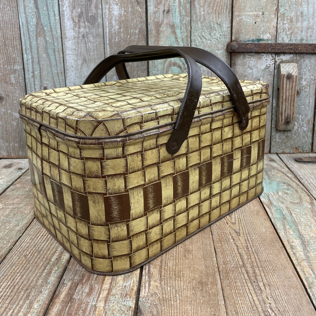 Vintage Metal Picnic Basket Mid Century Tin Vintage Decor Etsy