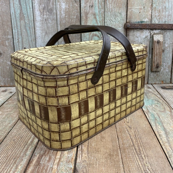 Vintage Metal Picnic Basket Mid Century Tin Vintage Decor Etsy