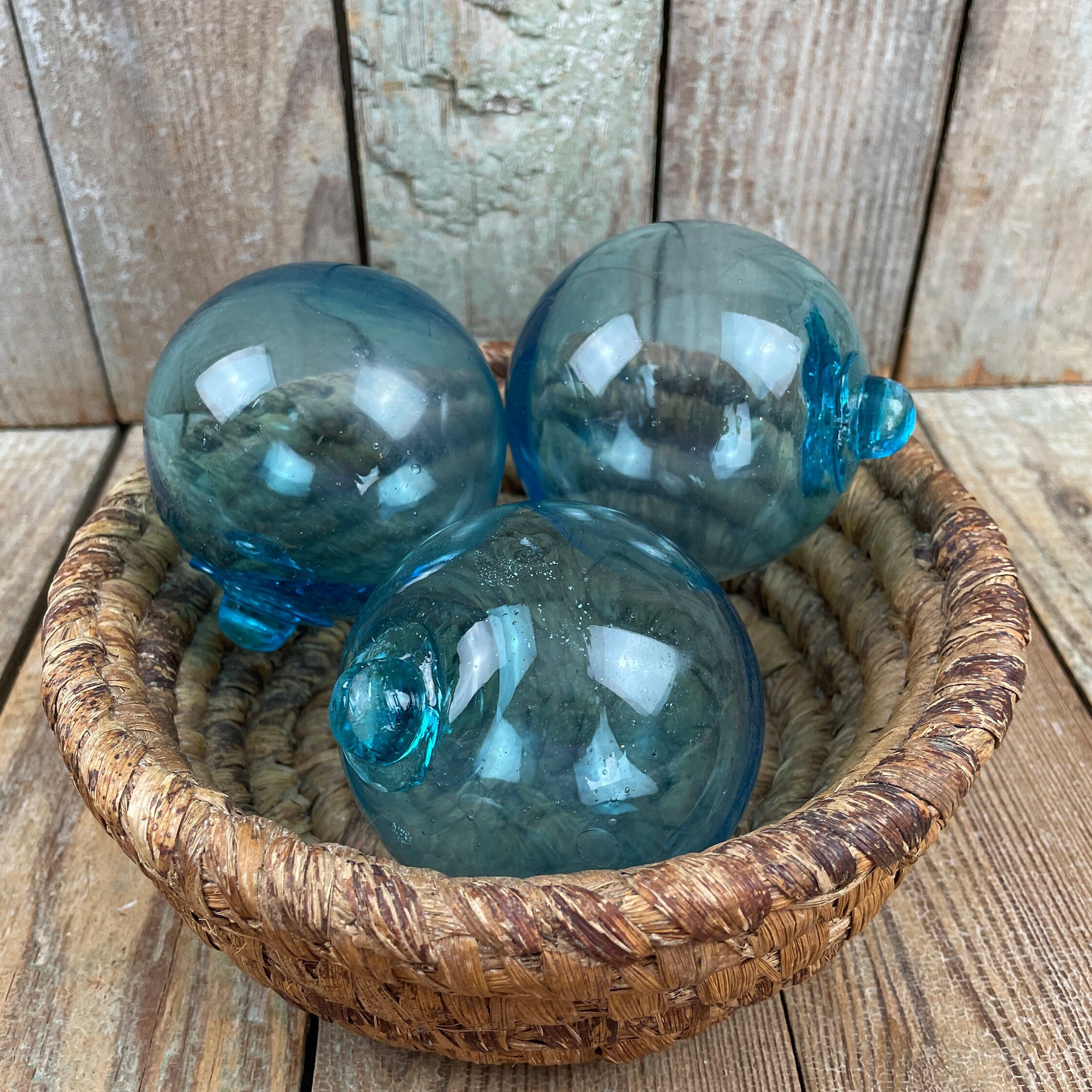 Set of 3 Aqua Glass Japanese Fishing Floats - Vintage Fishing Floats -  Coastal Decor