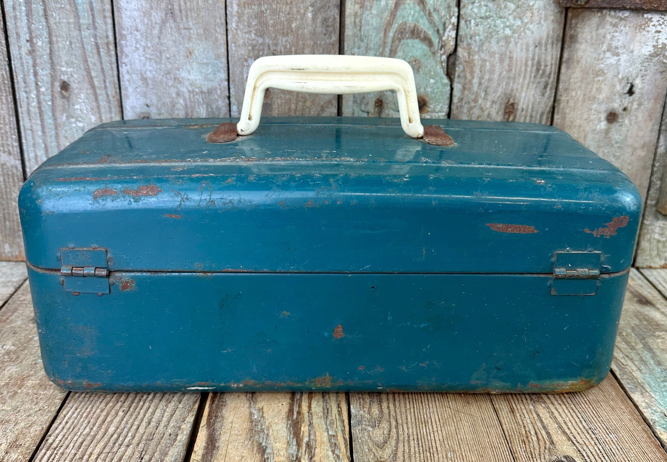 Vintage Tackle Box / Burnt Orange Fly Fishing Metal Storage Box