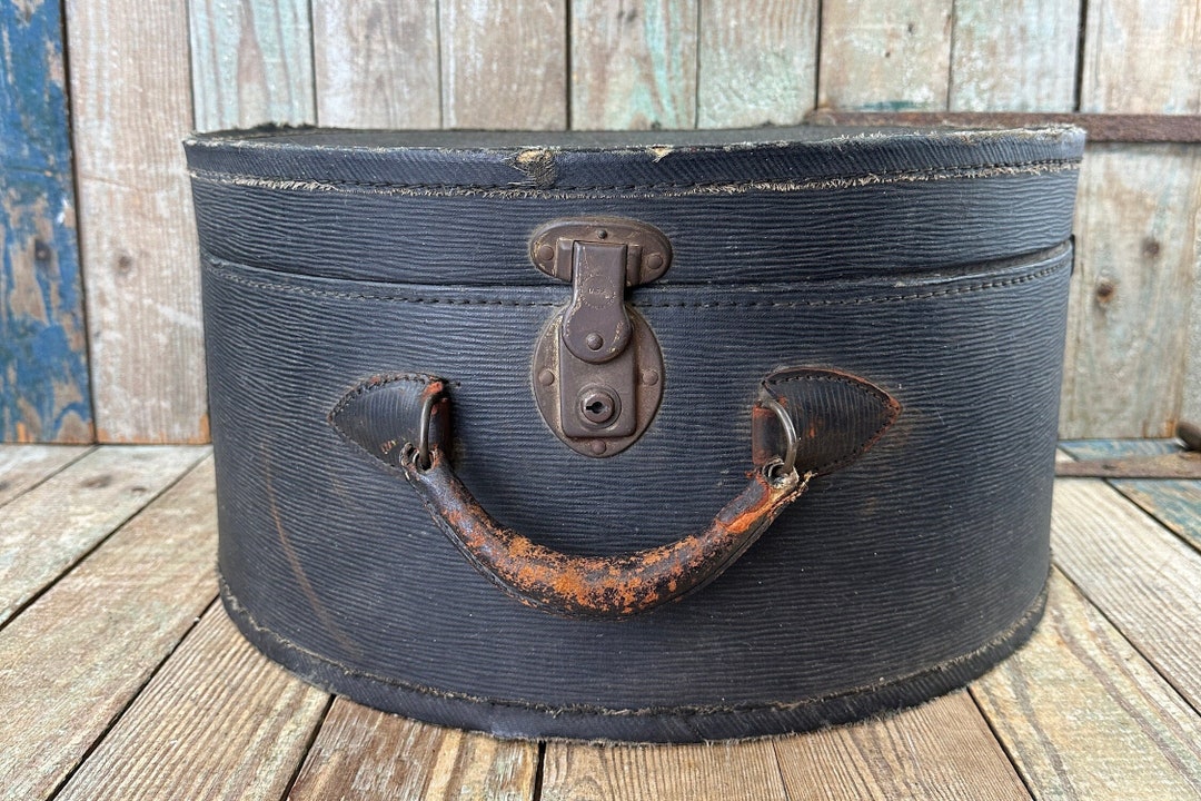 Antique Hat Box Shabby Old Round Suitcase Repurposed Etsy