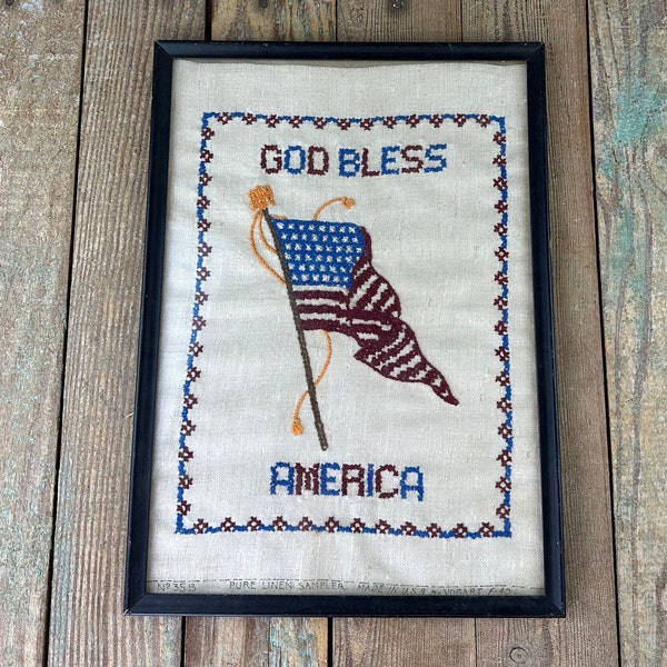 Vintage USA Flag Needlepoint - God Bless America - Patriotic Finished Cross Stitch - Vintage Decor