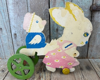 Vintage Trixy Toy - Shabby Old Wooden Bunny and Duck Pull Toy - Repurposed Vintage Decor - Spring Decor