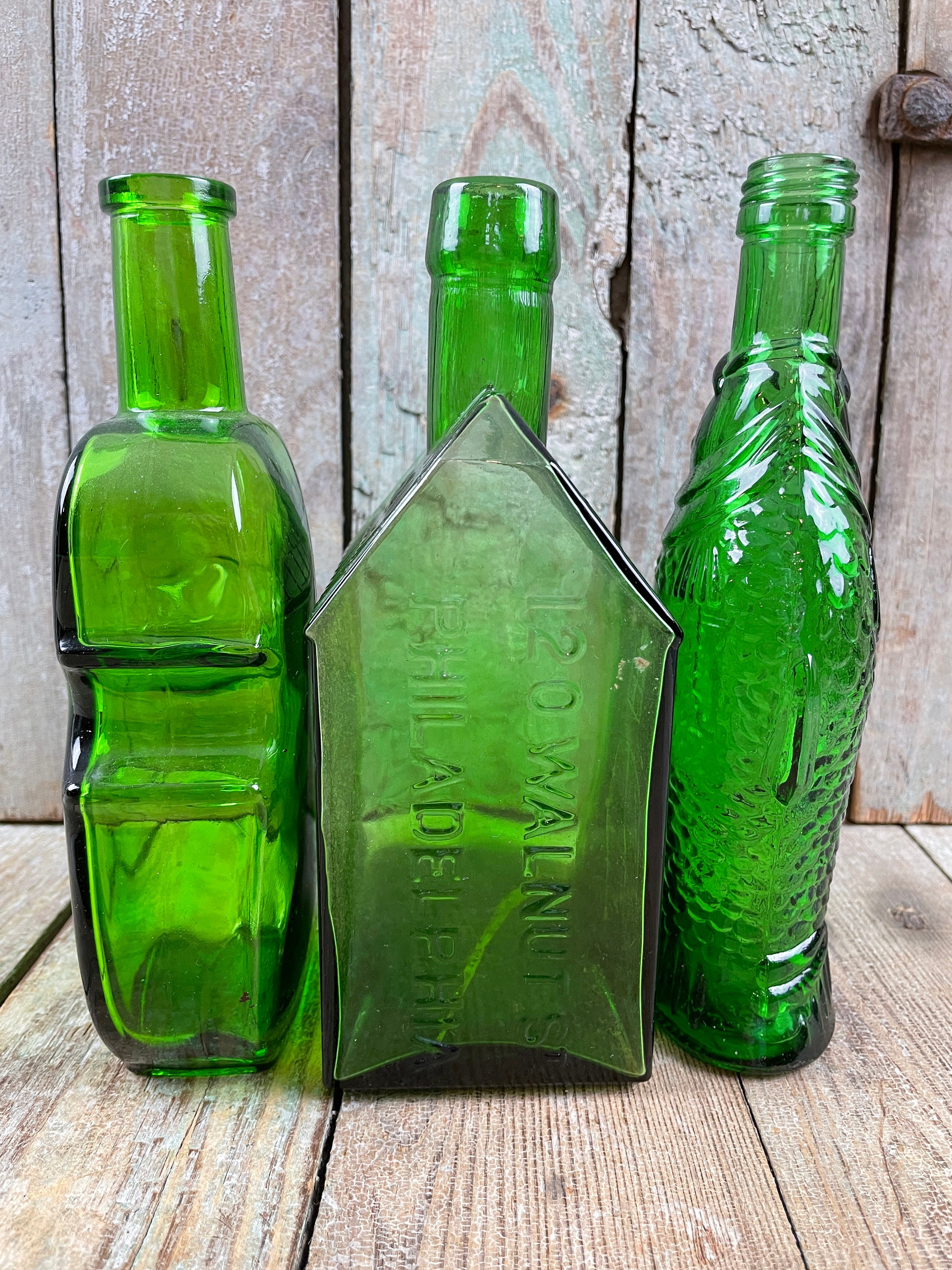 Collection of Green Glass Bottles 3 Vintage Bottles Etsy