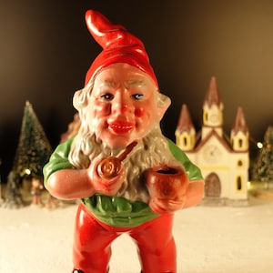 Vintage 9&quot; Large German Gnome Figurine Ceramic Terracotta Dwarf Figure Collectible Garden Gnome Mid Century 1950s Retro Made in Germany Gift
