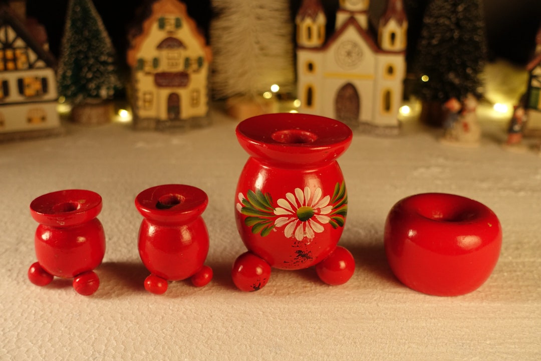 Set of 4 Red Swedish Candle Holder IMPERFECT Wooden Hand Painted