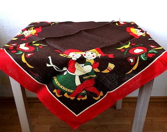 Gonna per albero di Natale vintage anni '70 in tela di iuta con stampa di cuori danzanti, motivo bambino/bambina, rosso, verde e marrone, decorazione natalizia svedese, design retrò scandinavo stampato.