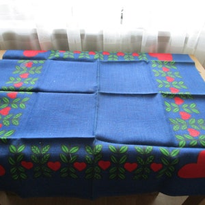 Vintage Christmas Tree Skirt or Tablecloth. Square 107 cm Swedish Burlap  Red Hearts Blue Green Christmas Xmas Holiday Home Décor Gift