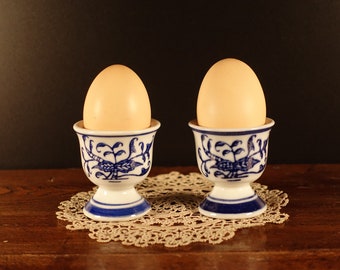 Vintage Blue Floral Egg Cups - Set of 2 Retro Kitchen Decor