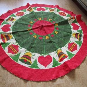Vintage Tree Skirt Burlap Jute with Christmas Ornaments, Bells red green white Swedish Holiday decor Scandinavian Printed Retro design