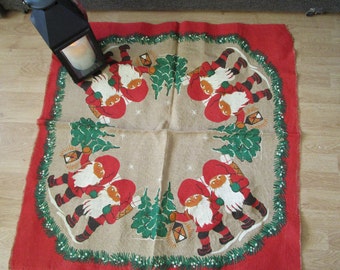 Vintage Burlap Christmas Tree Skirt Features Santa Santa Claus Christmas Gnome Tomte Scandinavian Nisse gift bag sack Christmas tree