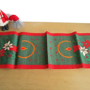 Vintage Christmas Table Runner Burlap Jute Printed Swedish Scandinavian Xmas Décor Candles Poinsettias Sweden Gift Idea