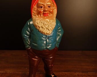 Vintage German Gnome Figurine: Hand-Painted Ceramic Dwarf, 1950s Retro Decor