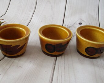 Set Of 3 Vintage EASTER Swedish RORSTRND Tuna Egg Cups, Harry Stalhane design,Swedish Vintage retro Ceramics, Mustard and Brown Color