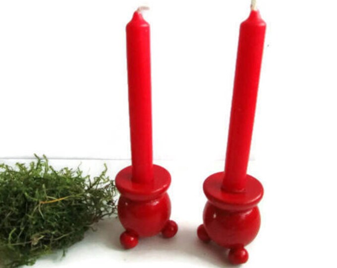 Set of 2 Swedish Candle Holders 4.5cm Wooden Red Hand Painted