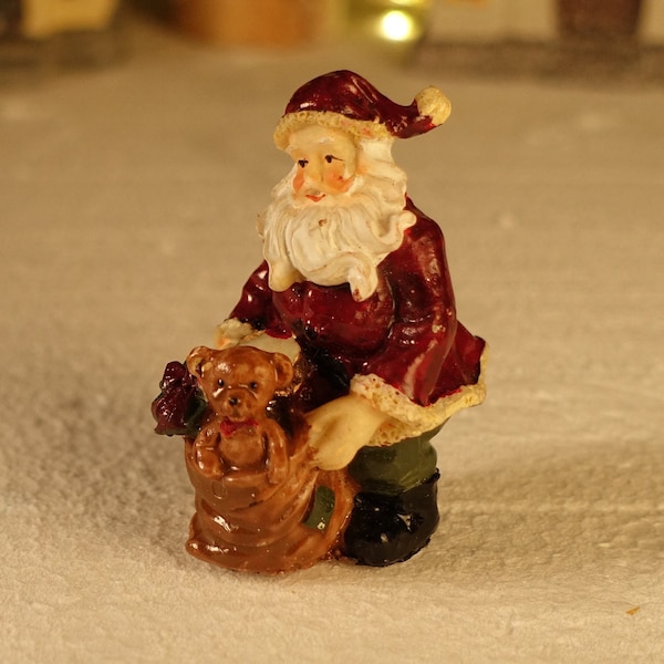 Santa Claus Figurine with Christmas Gift Bag Teddy Bear Vintage Holiday Decorations Collectibles  Stocking Stuffer