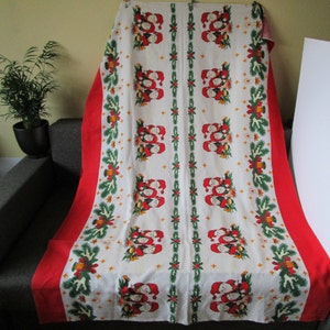 Wonderful Christmas Tablecloth Heavy Weight with Tomte Gnome Santa Candles Bells Ornaments Red Green Vintage Xmas Holiday Tablecloths