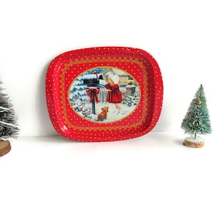 Vintage Swedish Christmas Tray Small Metal Tray Red Green White Tin Tray Swedish Swerige Sweden Souvenir Home decor Christmas gift