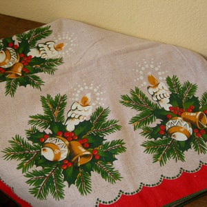 Wonderful Christmas Tablecloth  Heavy Weight with Candles Bells Ornaments Red Green Gold Linen Color Vintage Xmas Holiday Tablecloths