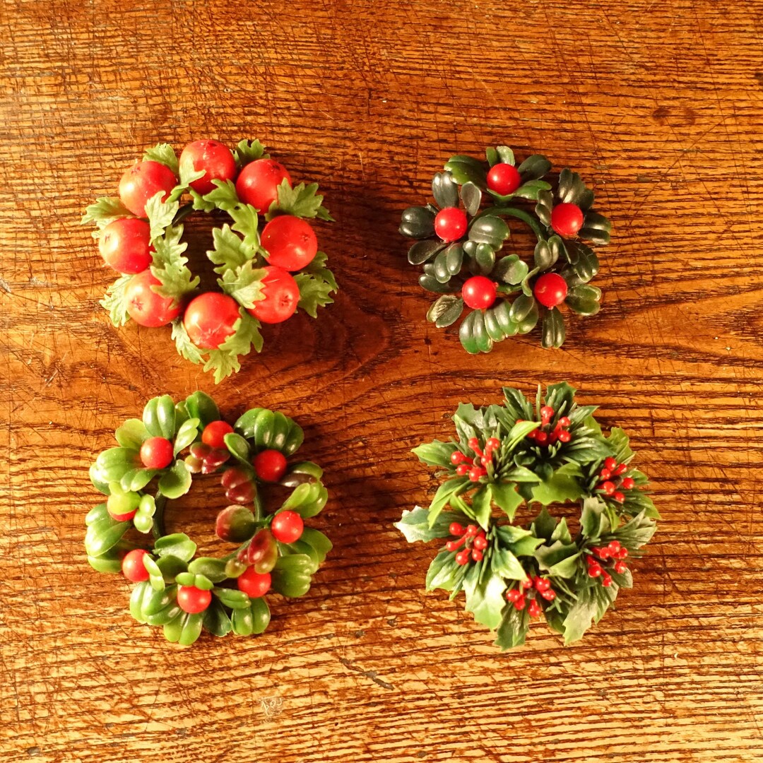 Set of 4 Vintage Swedish Candle Rings Plastic Green Red Berries