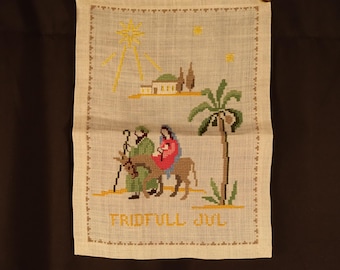 Vintage Norwegian Christmas Tapestry: God Jul Embroidered