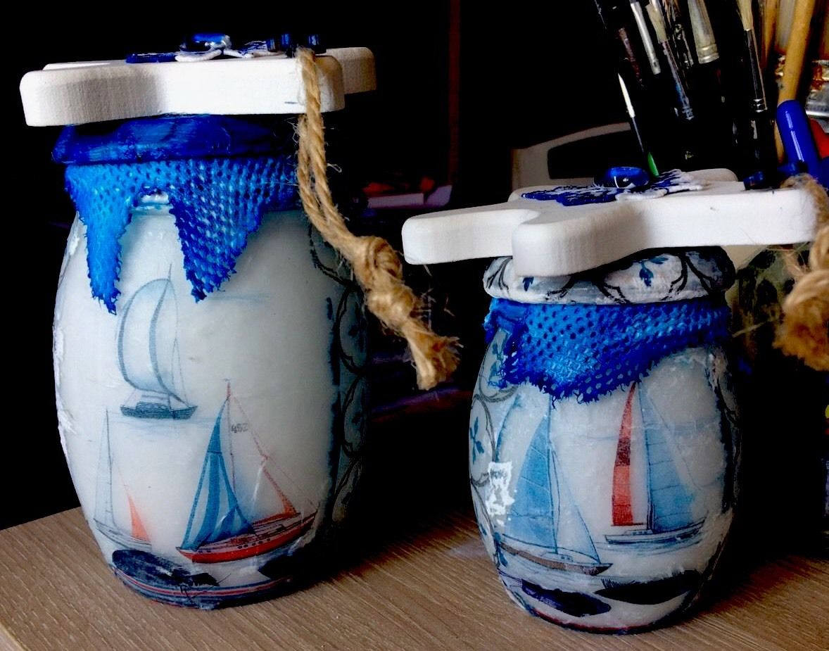 Lot de 2 Pots en Verre Thème Marin , Création Original de L'art Tride